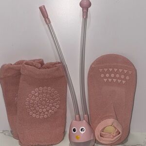 Pink Owl-Themed Kids Socks and Straw Set